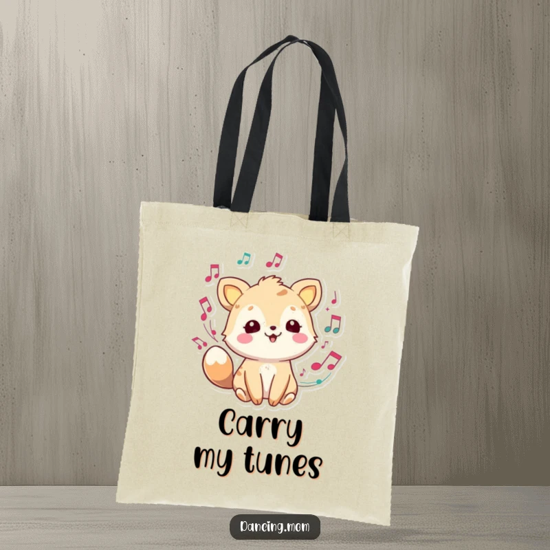 Joyful animal character surrounded by swirling musical notes, a humorous and stylish tote bag for music lovers.