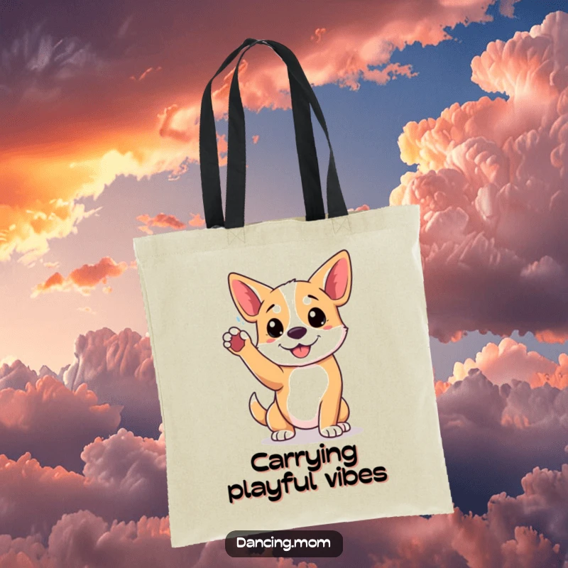 Funny tote bag featuring a dog striking a playful pose with a paw raised high, a symbol of active fun.