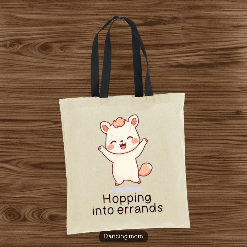 Funny tote bag featuring a kawaii dancing animal in a playful hop, with a happy expression, ready for adventure.