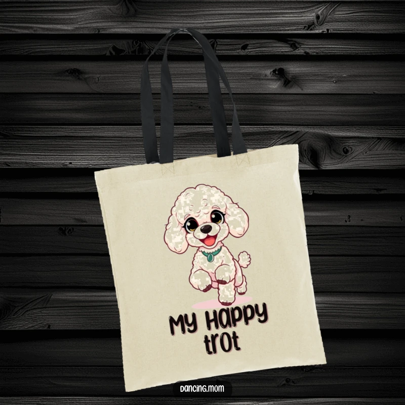 Funny Poodle Happy Shuffle Tote Bag: A poodle with delighted eyes does a lively shuffle with tiny feet, showcasing pure joy.