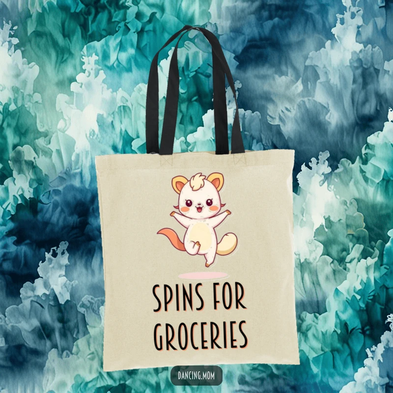 Funny tote bag showcasing a kawaii animal with flowing limbs, caught mid-twirl, bringing a whimsical and cheerful vibe.